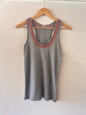 J Crew Sleeveless Gray Tank Top with Coral Bead Trim